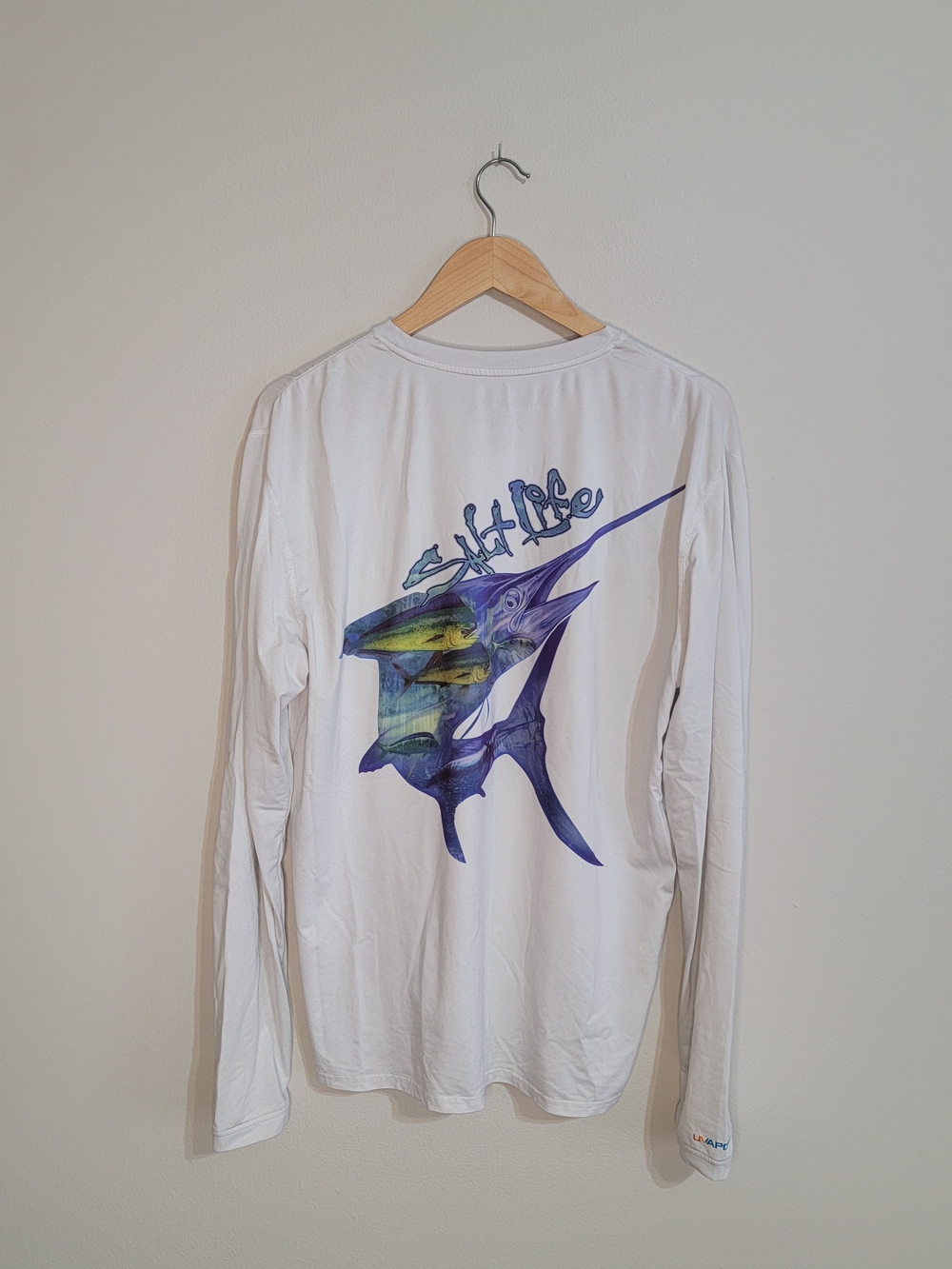 Salt Life White Long Sleeve Graphic Tee with Blue and Yellow Marlin Print
